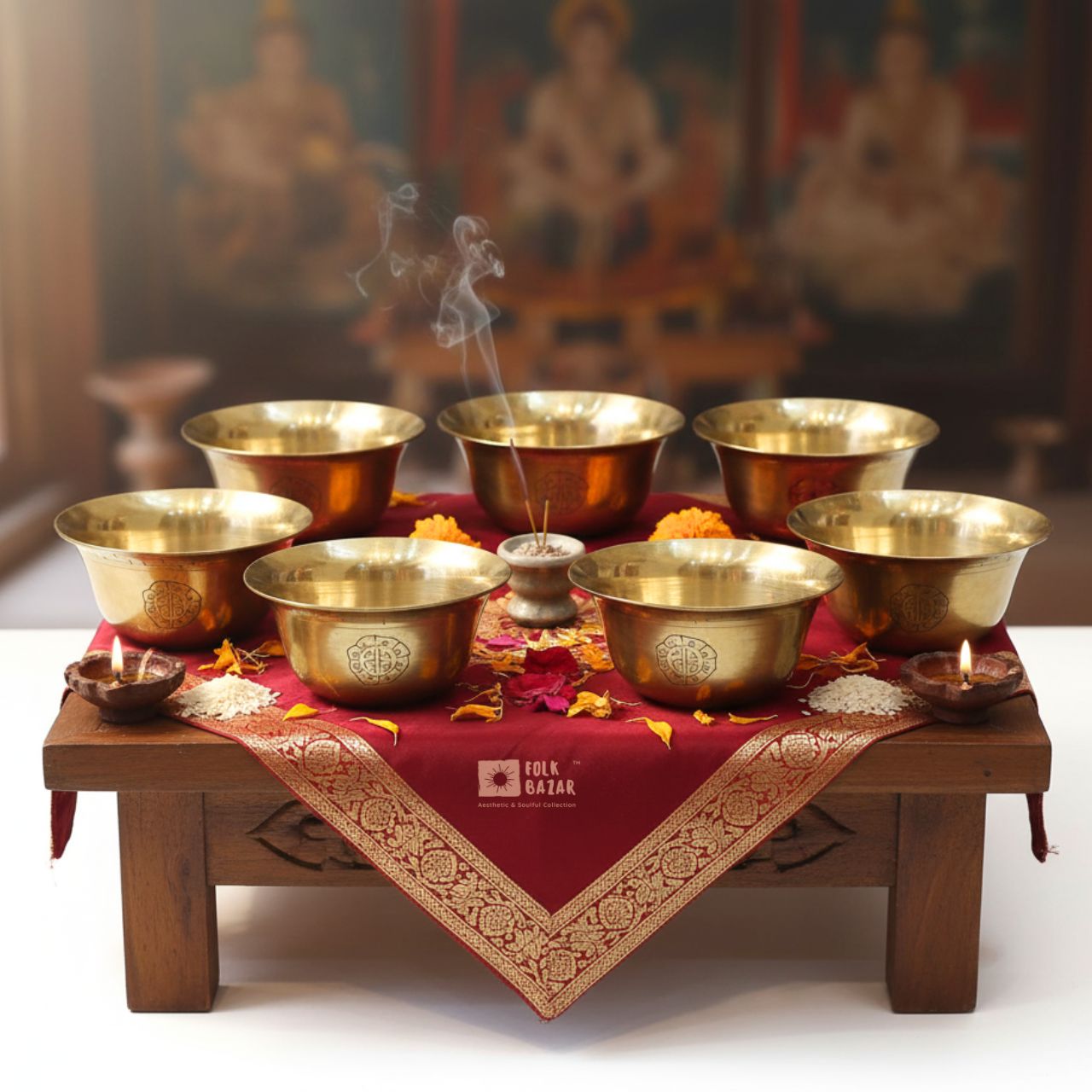 Carved Brass Baseless Ting (Offeringbowl) (Set of 7)